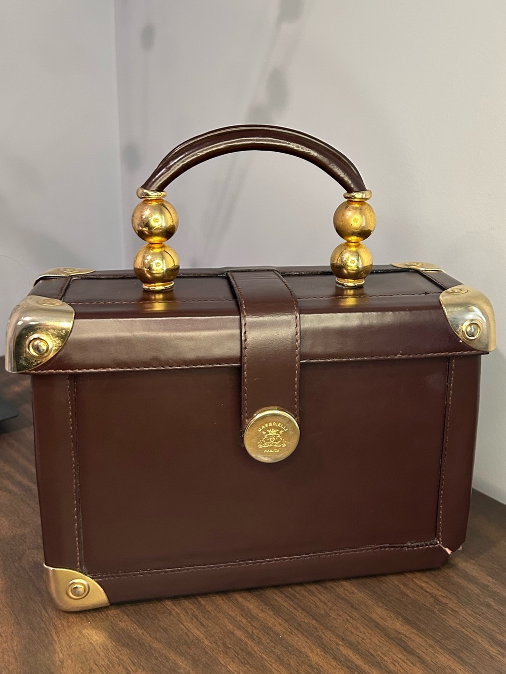 Vintage Gabbrielli Brown Leather Box Purse Gold Tone Structured Italy